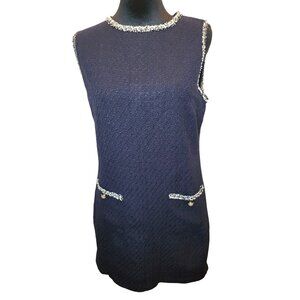 Navy Blue Tweed Shift Sleeveless Mini Dress Pearls 6 Old Money Classic Twee 60s